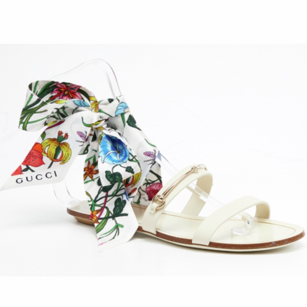 New Gucci Greek Flora White Ivory Leather Sandals with Flora Silk Ankle Wraps